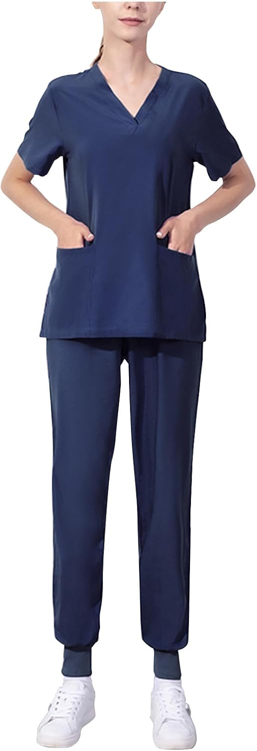 Nurse Uniforms Women Set Short Sleeve V Neck Scrub Top and Pants Jogger Scrubs Sets for Women 2 Piece