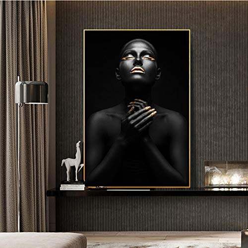 Cuadro de mujer africana negra y dorado 50x70cm para salon moderno