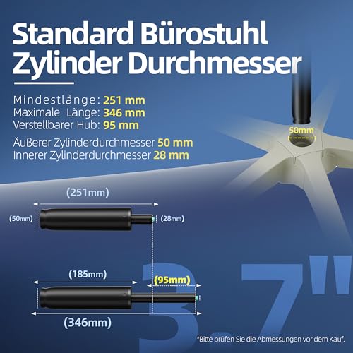 Mastery Mart Gasdruckfeder für Bürostühle, Länge 251mm - 346mm Gasdruckfeder, Gasdruckdämpfer Belastbar bis 450 kg, Bürostuhl Ersatzteile, TÜV, Klasse 4, Universelle Passform (Schwarz, Nicht für 1KEA)