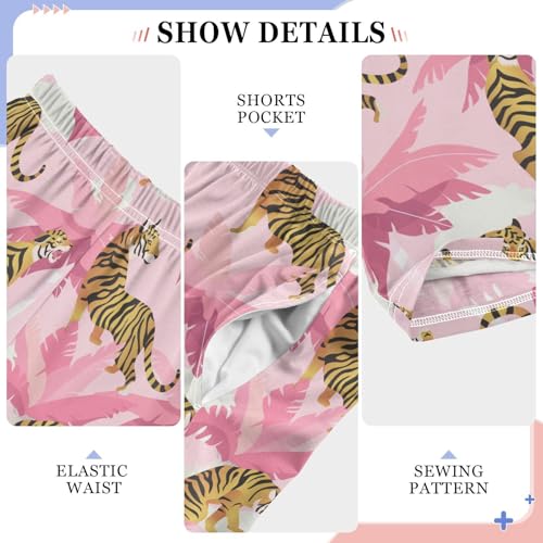 Tiger Pink Palm Tree Boys Long Pants Soft Trousers Elastic Waist Kids Lounge Bottoms with Pockets S-XL4