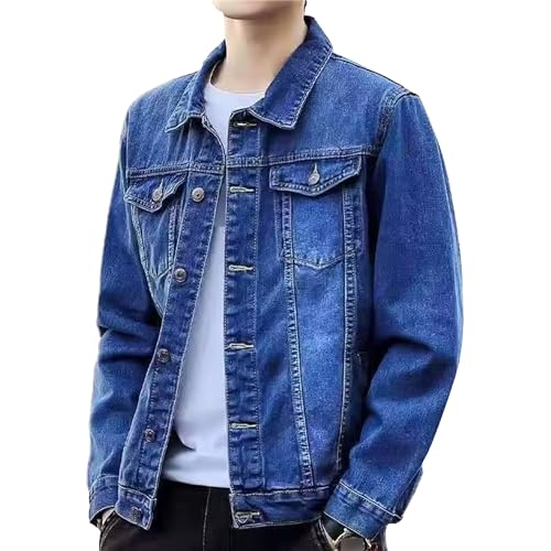 SWJGLITTR Chaqueta de mezclilla clásica con solapa para hombre, estilo casual, ajustada, con bolsillo frontal, para hombre, Azul oscuro, XX-Large