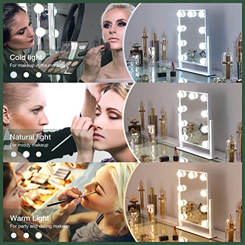 Fenchilin Hollywood Mirror With Light Large Lighted Makeup Mirror Vanity Makeup Mirror Smart Touch Control 3Colors Dimable Light Detachable 10X Magnification 360°Rotation(White) #TOP3
