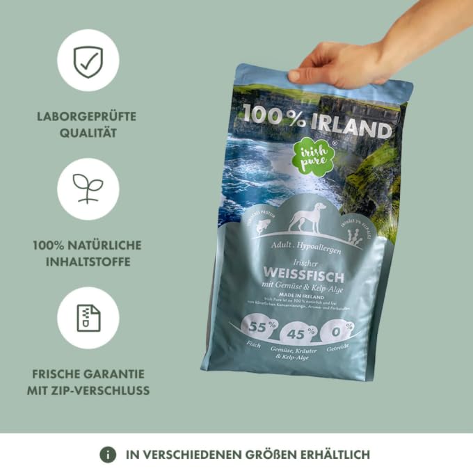 Irish Pure 4kg Trockenfutter Adult | Irischer Weißfisch mit Gemüse & Kelp-Alge | Hoher Fleischanteil | Getreidefrei | Hypoallergen | Single-Protein Hundefutter für ausgewachsene Hunde Aller Rassen