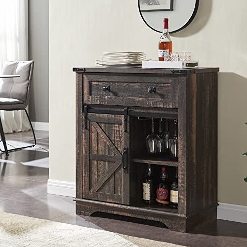 Okd Farmhouse Coffee Bar Cabinet, 32" Sliding Barn Door Buffet Sideboard Cabinet With Drawer, Adjustable Storage Shelves, Wooden Accent Cabinet For Kitchen, Living Room, Dining Room(Dark Rustic Oak) #TOP2