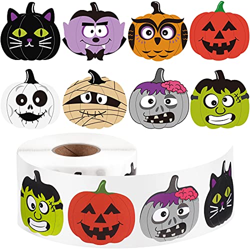 Censen 600 Pieces Halloween Stickers Halloween Pumpkin Roll Stickers 1.5 Inch Halloween Character Stickers 8 Designs Halloween Pumpkin Face Stickers for Kids Halloween Party Decoration