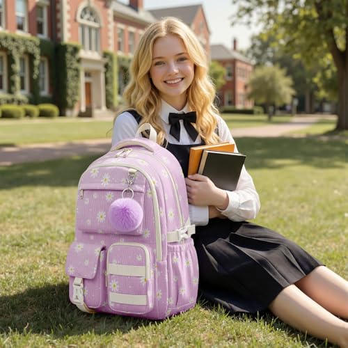 Mochila escolar de pana para niñas adolescentes, morada con flores miniatura 6