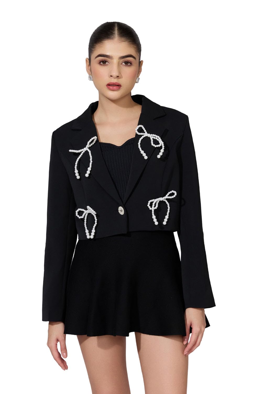 Edition Women's Black Pearl Bow Embellished Crop Blazer-CHN-6812_Black-image-32
