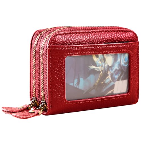 Rfid Blocking Zipper Genuine Leather Small Wallet with ID Window Credit Card holder for Women. (Red)