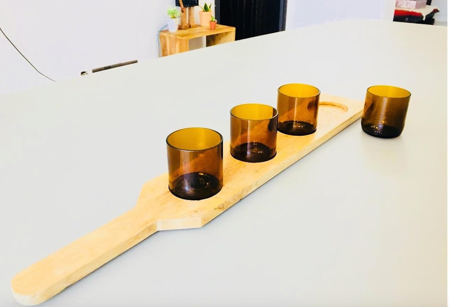 Beer Tasting Tray with Amber Brown Glasses (5 oz) | Upcycled Beer Bottle Tasting Set | Glassware with Optional Wooden Tray (Glasses+ Tray+ logo, Green)