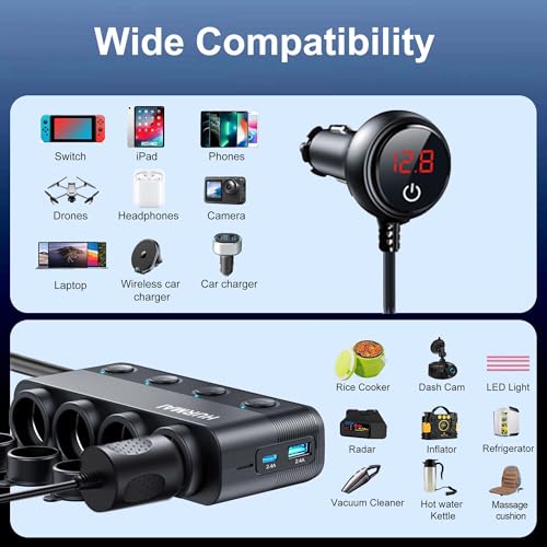 Image of Cigarette Lighter Splitter 216W 4 Socket USB C Car Adapter for Truck SUV | 216W PD30W /QC3.0 USB-C fast charge. 4 sockets. 12V /24V heavy-duty. Switches, dust cover & waterproof for trucks /cars.