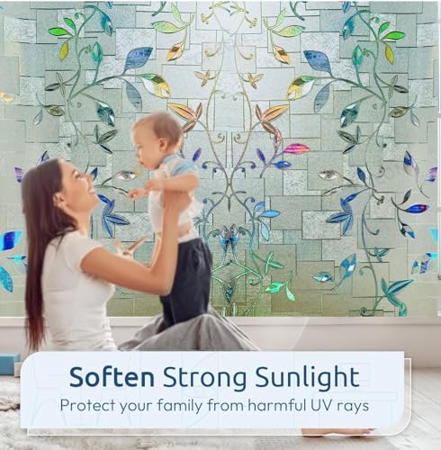 Image of CREON Frosted Window Self Adhesive Privacy Glass Film Decorative Window Sticker for Glass Door, Bathroom, Home, Window (Leaf RANIBOW, 24X108 in)
