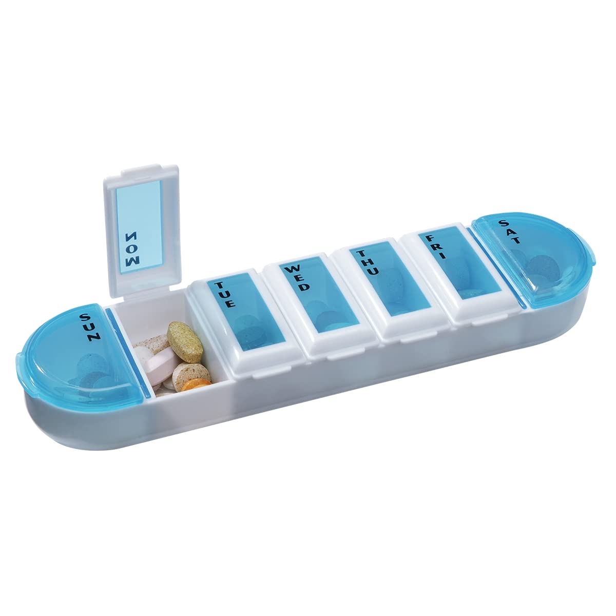 EZY DOSEWeekly (7-Day) Pill Organizer, Vitamin and Medicine Box, Rounded Base Compartments, Assorted Colors