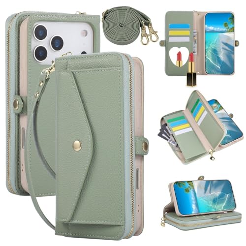 Étui antichoc iPhone Xs Max vert avec fermeture éclair portefeuille et bandoulière