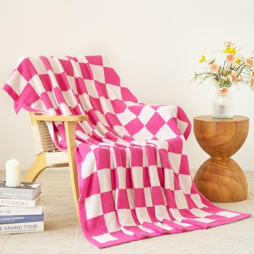 Checkered Blanket Soft Cozy Checkered Throw Blanket for Couch Bed Knitted Throw Blanket for Sofa Chair Lightweight Comfy Travel Picnic Blankets Gift (Hot Pink Throw 50x60)