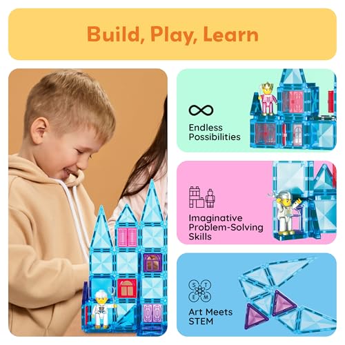 Image of PicassoTiles 71pc Mini Diamond Series Winter Ice Theme Magnetic Tile Building Blocks 2 Character Action Figures Travel Size On-the-Go Magnet Construction Toy Set STEM Development Kit Ages 3+ PTM71