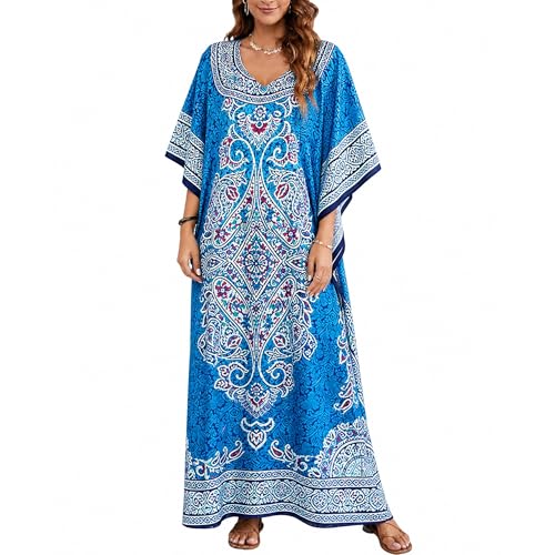 Goood Times Long Caftan Dress Blue Maxi Floral Kaftan,Blue,Large