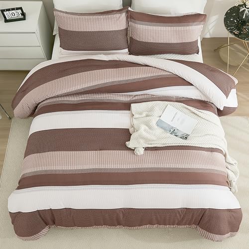 Litanika Brown Comforter Set California King - 3 Pieces Lightweight Brown White Colorblock Stripe Fluffy Bedding Comforter Sets, All Season Bed Set