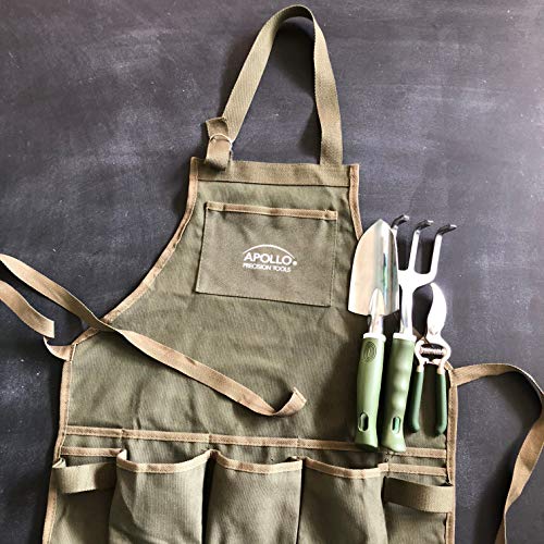 APOLLO TOOLS Foldable Garden Seat with Adjustable Kneeler Position. Includes Washable Green Apron with Deep Pockets and 3 Quality Garden Tools - DT3798