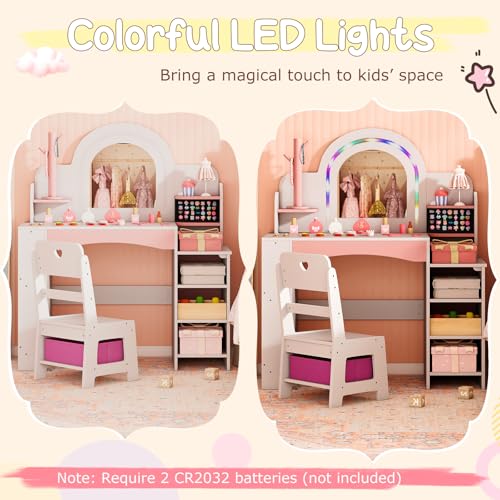 Image of Costzon Kids Vanity, Girls Vanity Set with Lighted Mirror, Bookshelf, Jewelry Storage, Toddler Makeup Vanity Desk Dressing Table, Wooden Kids Vanity Table and Chair Set (White)