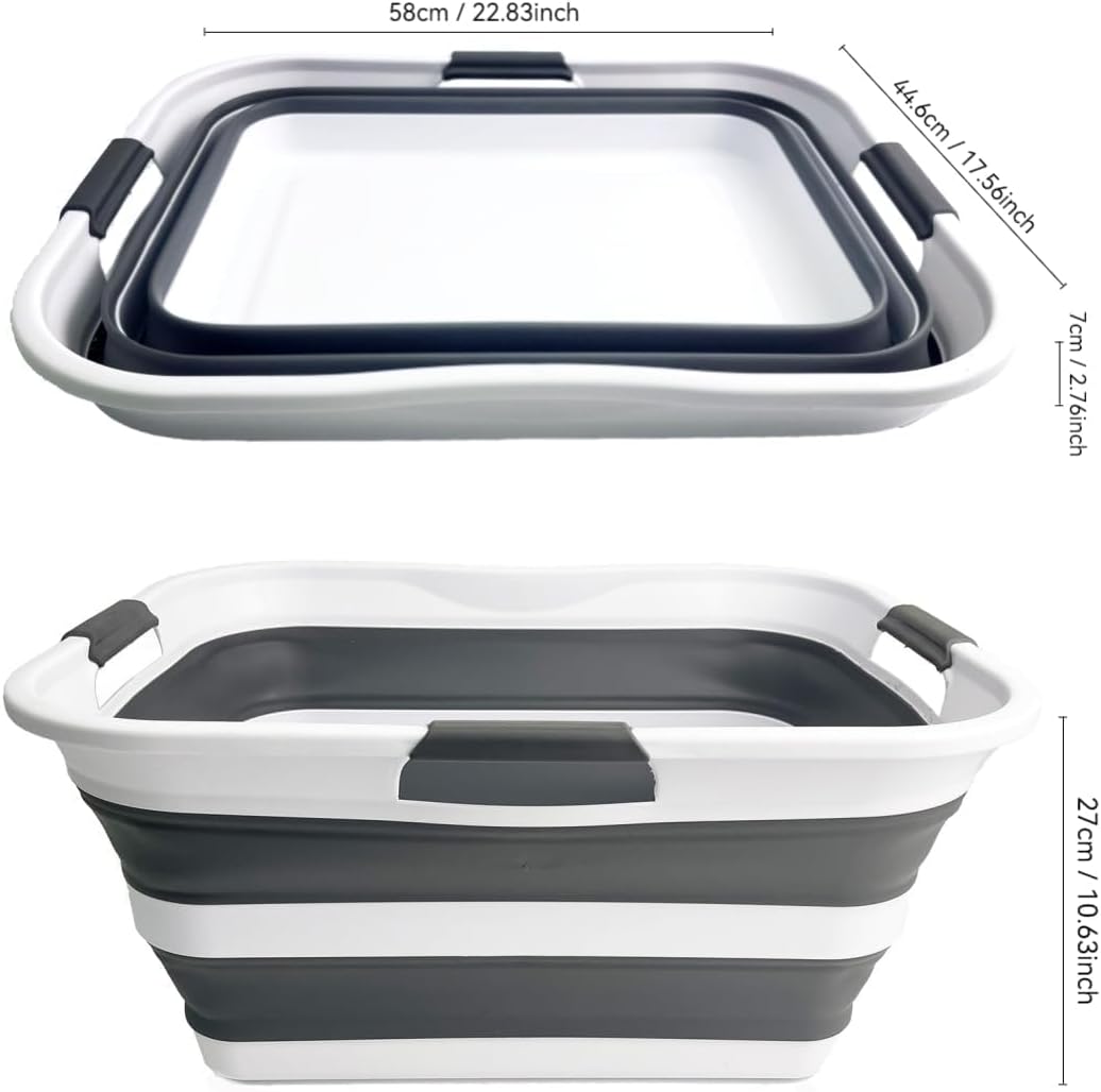 SAMMART Collapsible Plastic Laundry Basket Washing Tub Foldable Pop Up Storage Container-Space Saving/Portable Laundry Hamper. Ideal for Home, Travel, Dorm, and Camping (White/Steel Grey, 42L)