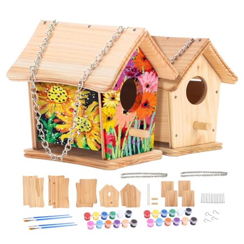 2pc DIY Birdhouse Kit, Cedar Wood Bird House Kits Bulk for Adults, Art Craft Outdoor Birdhouse, Solid Wood Weather Proof Material Painting Kit, Chain for Tree Hanging