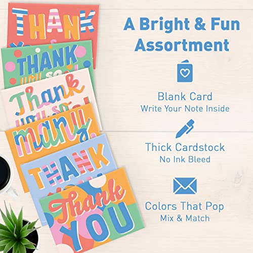 S&O Fun Thank You Cards With Envelopes - Blank Thank You Cards For Handwritten Messages - Thank You Notes With Envelopes Set Of 24 - Assorted Thank You Cards With Pop Color Envelopes To Mix & Match #TOP4
