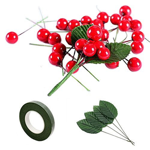 200 Pcs Artificial Small Berries Red Christmas Berries 100 Pcs Fake Green Leaves with 1 Roll Floral Tape Small Fake Cherries Christmas Tree DIY Gift Decorative