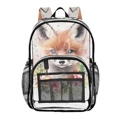 Cute Fox Clear Backpack, Heavy Duty Transparent Bookbag for Kids, School, Stadium Approved