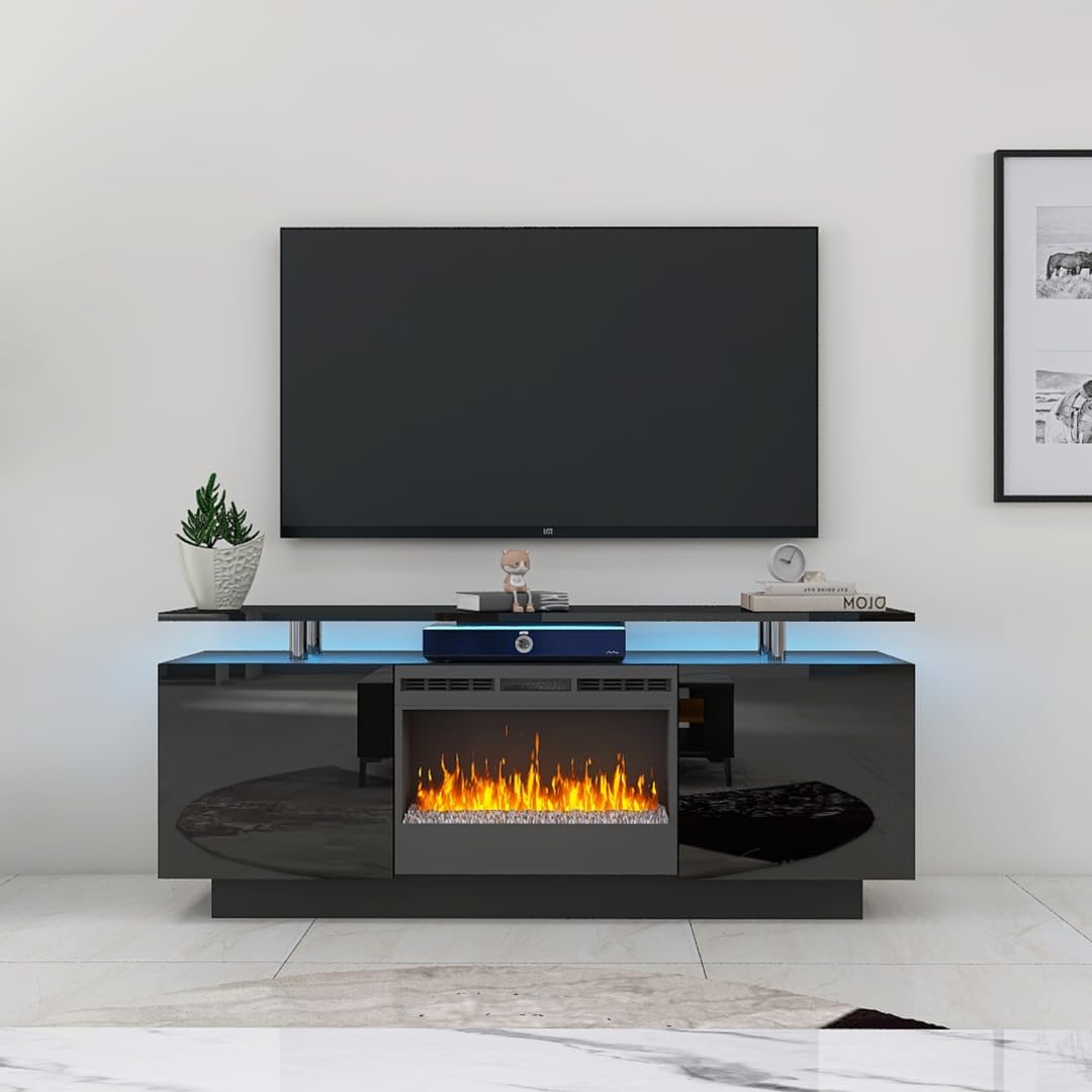 Fireplace TV Stand with LED Lights，63 Inch TV Console with Electric Fireplace Can Heating Change Color High Gloss Media Entertainment Center with Storage Cabinets TV Stands for Living Room