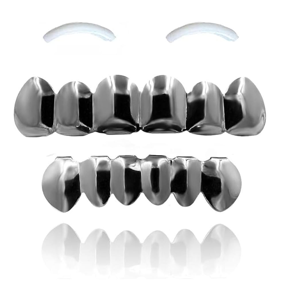 SSyang Hip Hop Teeth Grills for Mouth Braces Decoration with 2 Silicone Moldings Hip Hop Teeth Grills for Mouth Top Bottom Music Festival Party Hip Hop Rapper Decorations (Gun Black)