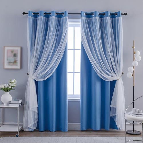 Image of Anytime Double Layer Blackout Curtains 2 Panels,52Wx120L, Blue | Sheer And Fabric Window Drapes Grommet Top Solid Color Bedroom Living Room Home Decor