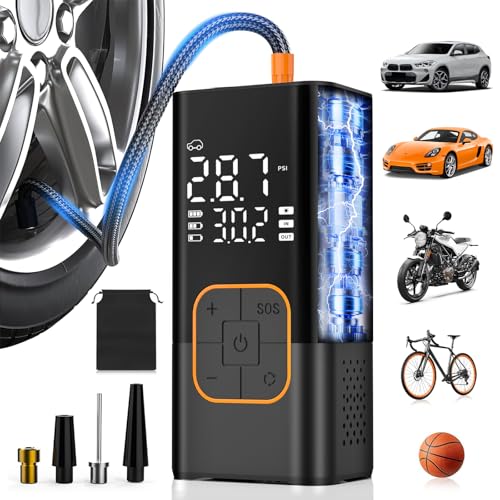 Tyre Inflator Air Compressor Cordless Electric Bike Pump & Car Tyre Pump with Digital Pressure Gauge 150 PSI Dual Values Display LED Light Portable Tyre Inflator for Car/Bicycle/Motocycle/Ball