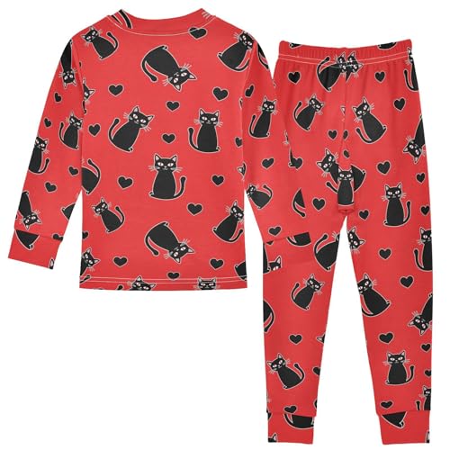 Pajama Sets Long Sleeve Black Cats Red Background Soft Comfy Sleepwear 2 Piece PJS 3-8T3