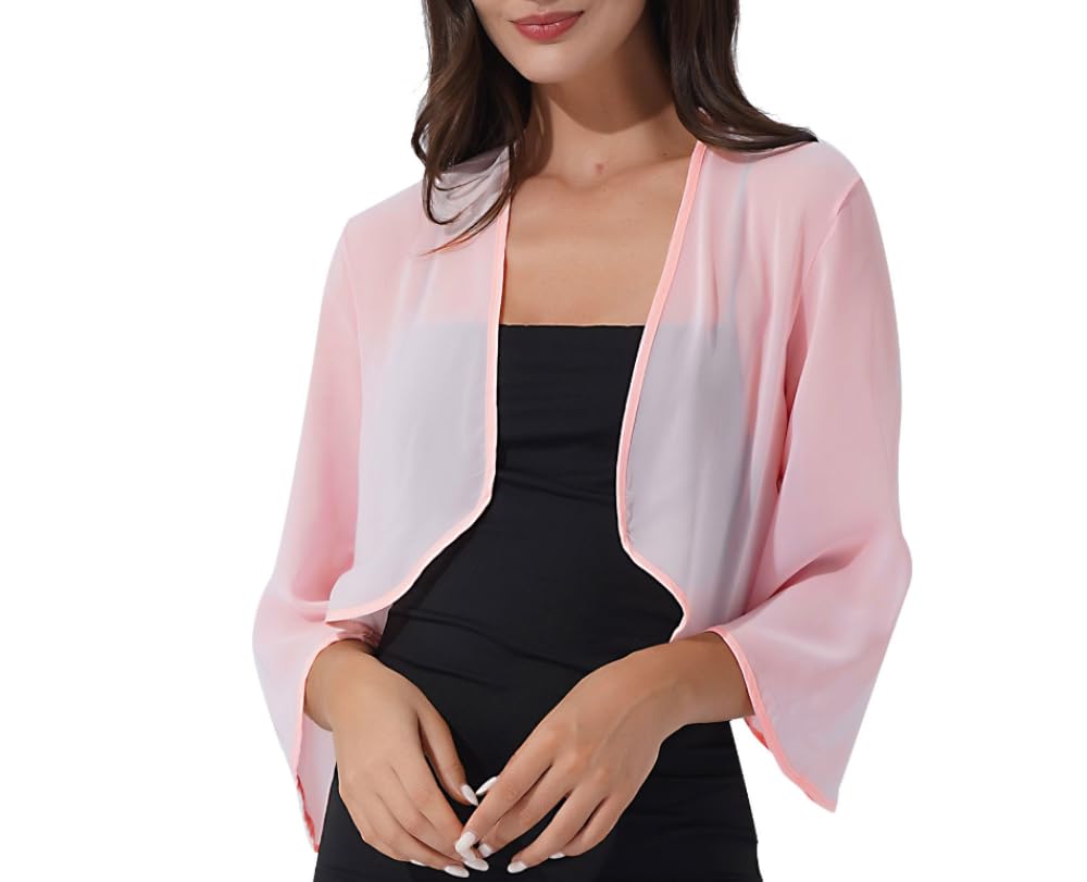 FWSHANGMAO Women's Shrugs,Women's 3/4 Sleeve Dress Shawl Shrug Summer Chiffon Bolero Cardigan Embroidery Jacket Short Open Front Elegant Jacket See Through Cover-Up for Dresses,Pink,M
