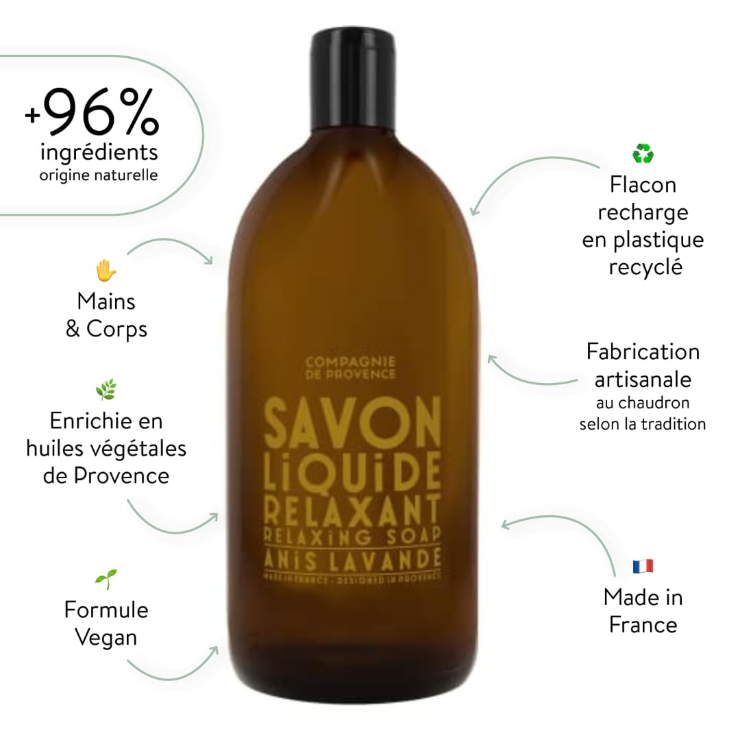 Compagnie de Provence® Sapone liquido Anise Lavender 1.000 ml | Dimensione di ricarica | Profumo rilassante e rilassante | Senza solfati