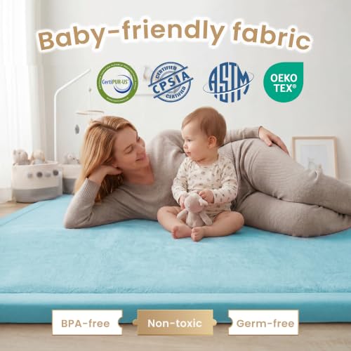 Image of ACOMOPACK Baby Play Mat for Floor 1.3 inch Thick Memory Foam Play Mat 59 inchx71 inch Tummy Time Crawling with Non-slip Bottom for Living Room,Nursery,Soft Velvet Playpen Mats for Kids,Infants(Light Blue)