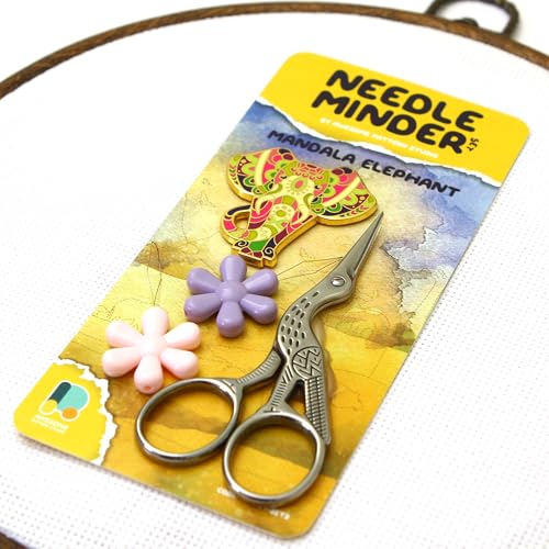 Image of Needle Minder Set - Mandala Elephant Magnetic Needle Minder + 2 Needle Threaders + Crane Scissors. Enamel Pin for Cross Stitch, Embroidery and Craft
