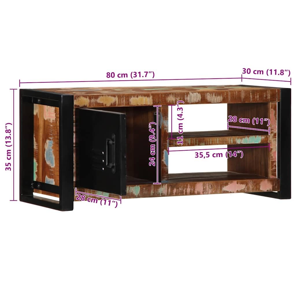 Mobile TV 80 x 30 x 35 cm, in legno massiccio anticato con maniglie in metallo e struttura in ferro, credenza bassa con vano portaoggetti, cassetto, scaffale per soggiorno, camera da letto