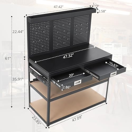 Work Bench 48" Adjustable Height,3-Tier Heavy-Duty Portable Workbench with Power Outlets and Drawer for Garage & Workshop, 880 LBS Load Capacity, Work Table for Office, Home, Easy Assembly