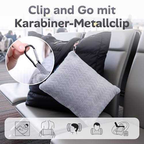 Proglobe Weiche & Warme Reisedecke für Flugzeug & Auto - Unentbehrlich für Lange Flüge für Frauen, Männer, Kinder - Kompaktes Kissen mit Gepäckhülle & Rucksackclip, Grau