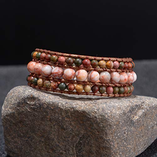 YGLINE Boho Handmade Natural Stone Bead 3 Row Wide Wrap Wrist Statment Bracelet Jewelry Collection2
