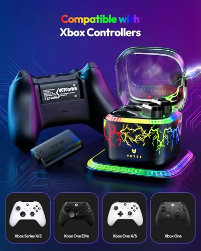 Image of VOYEE Xbox Controller Battery Pack with 7-Color LED Lights, 4x4070mWh Rechargeable Battery, 4-Slot Fast Charger for Xbox One /S /X /Elite /Series X|S, Over Current /Voltage /Short Circut-Black