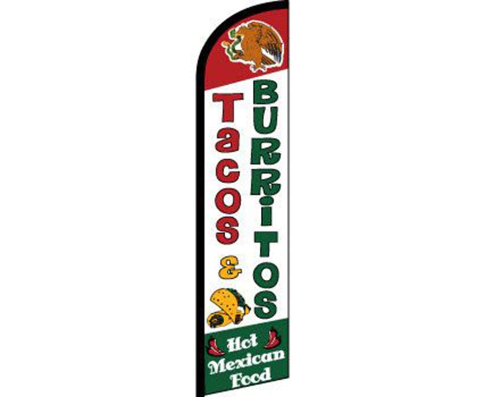Tacos & Burritos Hot Mexican Food Red/White/Green Windless Banner Advertising Marketing Flag