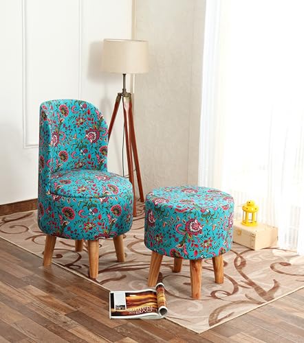 Image of NACIA Velvet Printed Ottoman Chair with Stool Combo | Dressing Table Chair for Bedroom Makeup Room Decor | Modern Upholstered Ottoman with Wooden Legs for Living Room (18x18x32 Inches, Blue Leaf)
