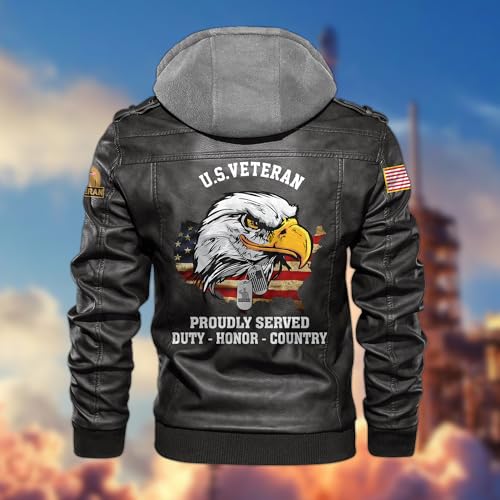 Veteran Leather Jacket Men Motorcycle, Patriotic Jacket Style With Military Features, Perfect For Veterans Day Gifts3