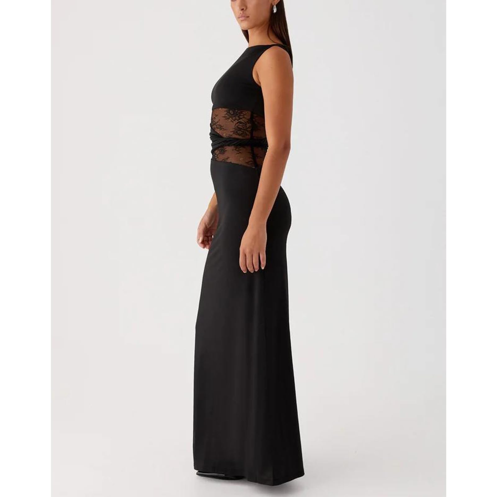 Robe Femme Sexy sans Manches Robes Longue Moulante à Col Rond Maxi Robe Transparente Dentelle Patchwork Robes de Cocktail Chic et Elégant Bodycon pour Clubbing Prom Fête Mariage Invité