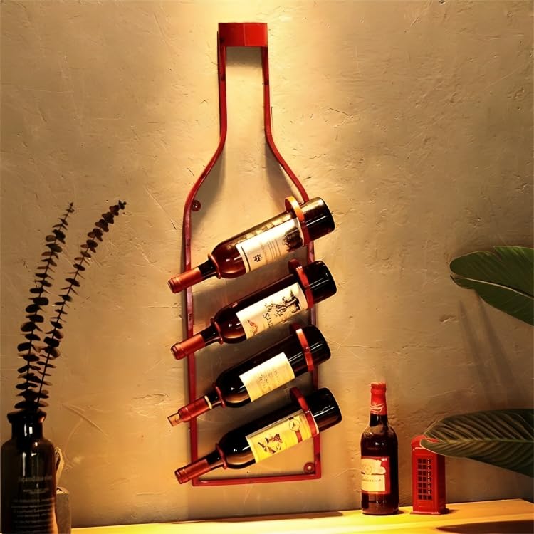 CLASSY ART SHOPPE Wall Mounted Wine Bottle Rack – Red Metal Bottle Holder for 4 Bottles – Space Saving Decorative Wine Storage for Kitchen, Bar, Dining Room, Café – Bottle Shape Design