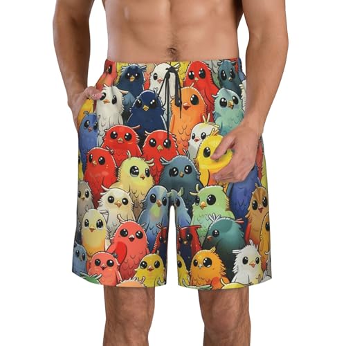 Men's Quick Dry Swim Shorts Cute Birds Cartoon Drawing Colorful Beach Trunks with Pockets