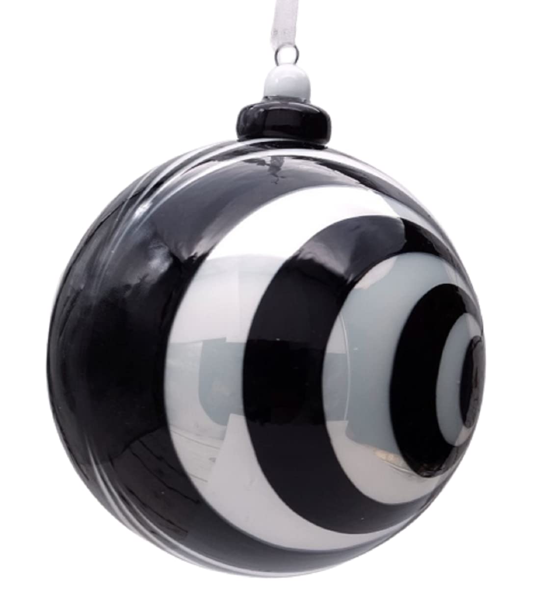 D. Stevens 48-1089 Hand-Blown Bauble Porcelain Spiral Vortex Round Hanging Ornament, Black White 4 Inches