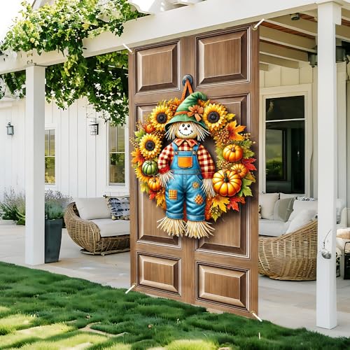 Image of Fall Scarecrow Sunflower Pumpkin Door Cover 35x70in Thanksgiving